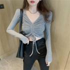 V-neck Drawstring Shirred Cropped T-shirt