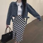 Cropped Denim Jacket / Check Slit Midi Pencil Skirt