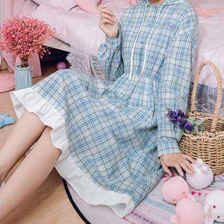 Ruffle-hem Gingham Long-sleeve Hooded Dress