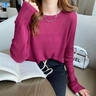 Round-neck Plain Striped Oversize Knit Top