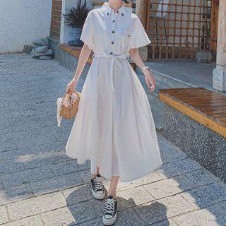Short Sleeve Plain Tie-waist A-line Shirtdress