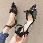 Bow Dotted Mesh Ankle Strap Block Heel Sandals