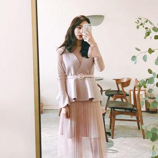 Set: A-line Vest With Belt + Pleated Tulle-hem Dress