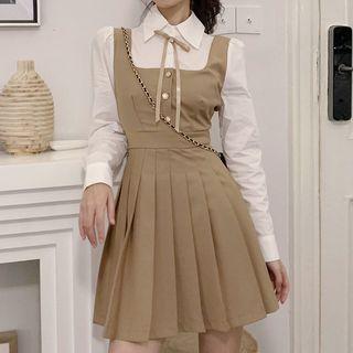 Mock Two-piece Pleated Mini A-line Shirtdress