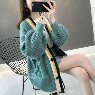 Puff-sleeve Contrast Trim Cardigan