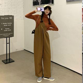 Semi High-neck Plain Top + Wide-leg Jumpsuit