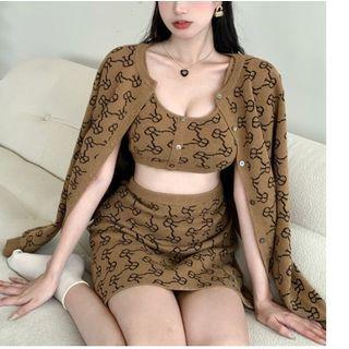 Printed Cardigan / Cropped Knit Camisole Top / Mini Pencil Skirt