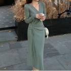 Long-sleeve Drawstring Knit Midi Sheath Dress