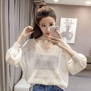 Lantern-sleeve V-neck Knit Top