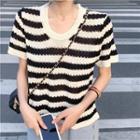 Short-sleeve Striped Knit Top Black & Almond - One Size