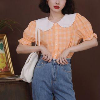 Collared Plaid Puff-sleeve Top