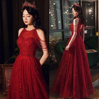 Sequined Sleeveless Mesh Panel A-line Evening Gown