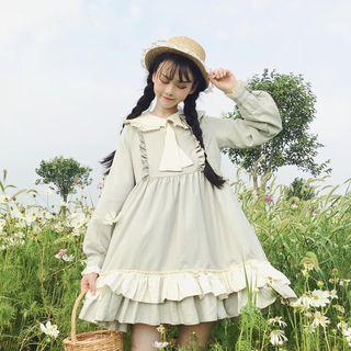 Long-sleeve Frill-trim Mini A-line Collared Dress Light Pea Green - One Size