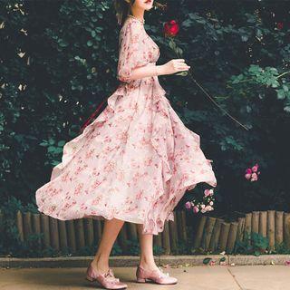 Elbow-sleeve Lace-up Floral Chiffon A-line Midi Dress