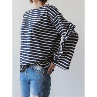 Frill-trim Wide-sleeve Stripe T-shirt