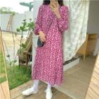 Floral Long-sleeve Loose-fit Dress Rose Pink - One Size