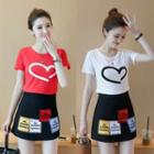 Set: Heart Print Short Sleeve T-shirt + Lettering Applique Mini Skirt