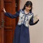 Set: Floral Embroidered Knit Vest + Sailor Collar Long-sleeve Dress