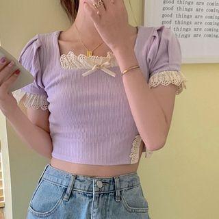 Square-neck Puff-sleeve Cropped T-shirt Purple - One Size