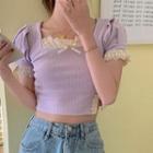 Square-neck Puff-sleeve Cropped T-shirt Purple - One Size