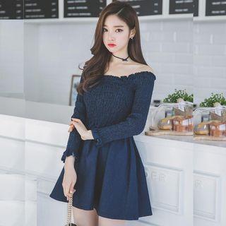Denim Off-shoulder Long-sleeve A-line Dress