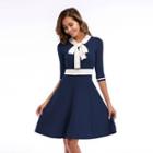 Two-tone Ribbon Elbow-sleeve Mini A-line Knit Dress