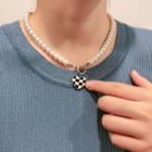 Heart Checker Pendant Faux Pearl Necklace X1987 - Black & White & Silver - One Size
