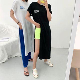 Round-neck Letter Print Slit-side T-shirt Dress