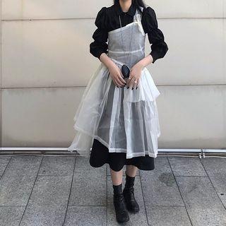 Plain Shirt / Single Shoulder Sheer Dress / Midi Skirt