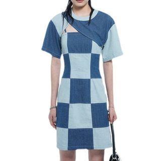 Spaghetti Strap Checkerboard Denim Dress / Shrug