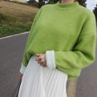 Round-neck Wool Blend Knit Top Light Green - One Size
