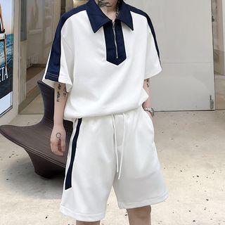 Set: Elbow-sleeve Two Tone Polo Shirt + Shorts