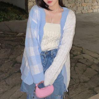 Checkered Panel Cardigan White - One Size