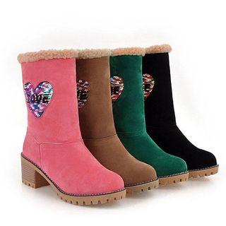 Sequined Heart Block Heel Shot Boots