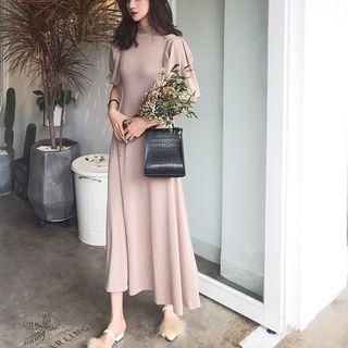 Plain Puff-sleeve Slim-fit Maxi Dress