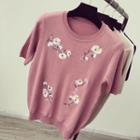 Floral Embroidered Short-sleeve Knit Top