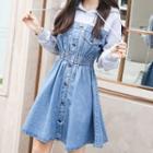 Mock Two-piece Hooded Denim Mini A-line Dress