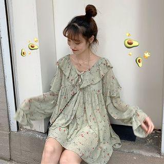Bell-sleeve Floral Mini Dress Green - One Size