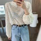 Round-neck Balloon-sleeve Floral Top