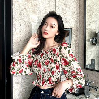 Floral Long-sleeve Cropped Blouse As Figure - One Size