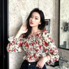 Floral Long-sleeve Cropped Blouse As Figure - One Size