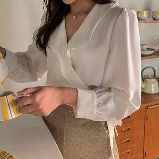 Shawl-collar Peplum Wrap Blouse