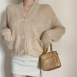Plain Cardigan / Faux Leather Pencil Skirt
