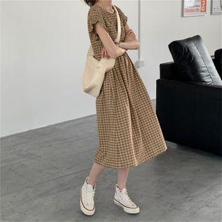 Check Short-sleeve Midi Dress As Shown In Figure - One Size