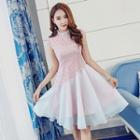 Lace Panel Frilled Neck Cap-sleeve A-line Dress