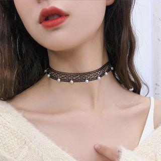 Faux Pearl Lace Choker Black - One Size