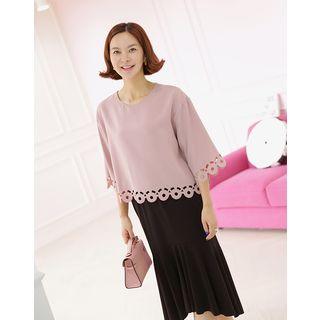 3/4-sleeve Perforated-trim Top