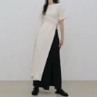 Plain Short-sleeve Slit Dress With Sash