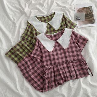 Short-sleeve Peter Pan Collar Tie-waist Plaid Loose-fit Dress