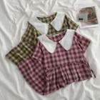 Short-sleeve Peter Pan Collar Tie-waist Plaid Loose-fit Dress